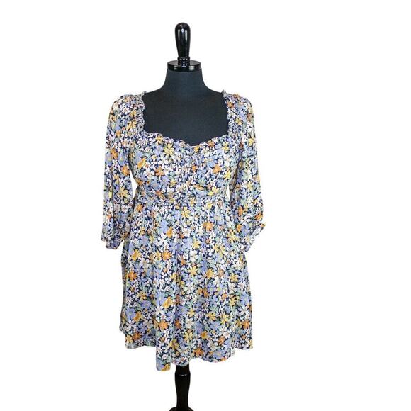 American Eagle Babydoll Mini Dress Peasant Smocked Boho Cottage Floral - Picture 1 of 5